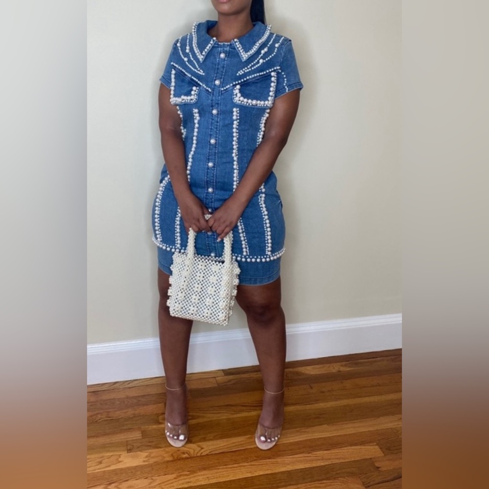 Denim Dress with Pearl Accents